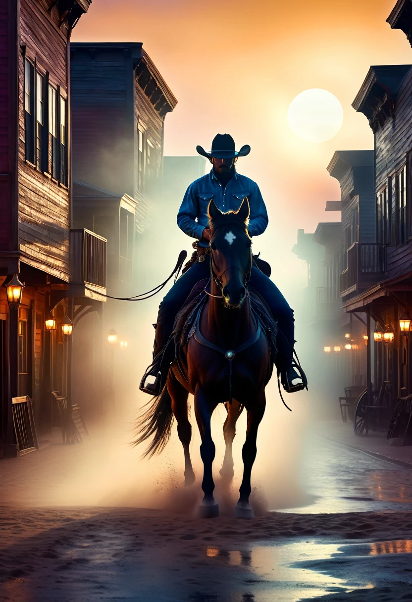 ( perfect anatomy ) a cowboy(Cowboy hat) Silhouette of riding horse in denim clothes (Dynamic angle)Sunset over the streets of an old west town (Rich color levels)

                              Wind and sand flow in the air entwining the foggy scene movie lighting volumetric lighting, haze light, Fog lights high dynamic range wide screen cinematic effect bioluminescent style complex artwork large depth of field cinematic processing, Realistic magical fantasy scene highly detailed structure surreal, Digital art, high detail, HD
                    