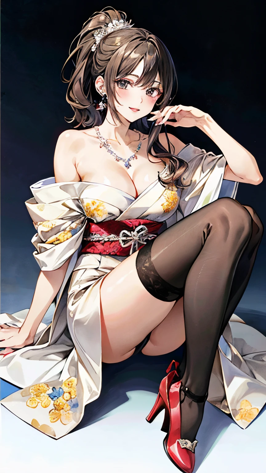 Ecstasy face　Climax（organs）（vagina,Sex）Black penis vibrator in hand, Masturbation Masturbation play,alone、Lewd face　One hand lewdly touches the underwear between her legs　Shy and seductive look　A look of contempt　Sexy Body　Clear Eyes　Round eyes　Sit in a luxurious chair　office lady　Japanese women　Manga illustration　Beautiful and firm breasts　Beautiful E Cup Breasts　the body is slim　Highest quality　4K Chignon Hairstyle　Hair tied up　Medium Long Hair　Light brown black hair　hair ornaments　necklace　Hotel with a great night view　Simple Background　Seductive pose　garter belt　Black lace stockings　Earrings　　派手なnecklace　Finer details　Beautiful anime illustrations　Beautiful Face　alone　High resolution, One Girl, Highest quality, Attention to detail, Slightly parted lips　Seductive red lips　Professional, Vibrant colors, Perfect Anatomy, ideal facial features, 理想的なProfessionalポーションの図, Perfectly beautiful body, Highly detailed skin, Glowing Skin, Glowing Skin, Cleavage, Captivating smile)),Sexy see-through pink lace bra,Obscene pink thong, (Attractive 30 year old Japanese widow,）High heels　Miss Soapland　Mature hot body　Sitting in a luxurious chair　Sparkle Effect, Anime Style, photograph, Attractive nail art　Dimly lit room　White beauty uniform　A sophisticated gravure idol　Gorgeous Japanese Model