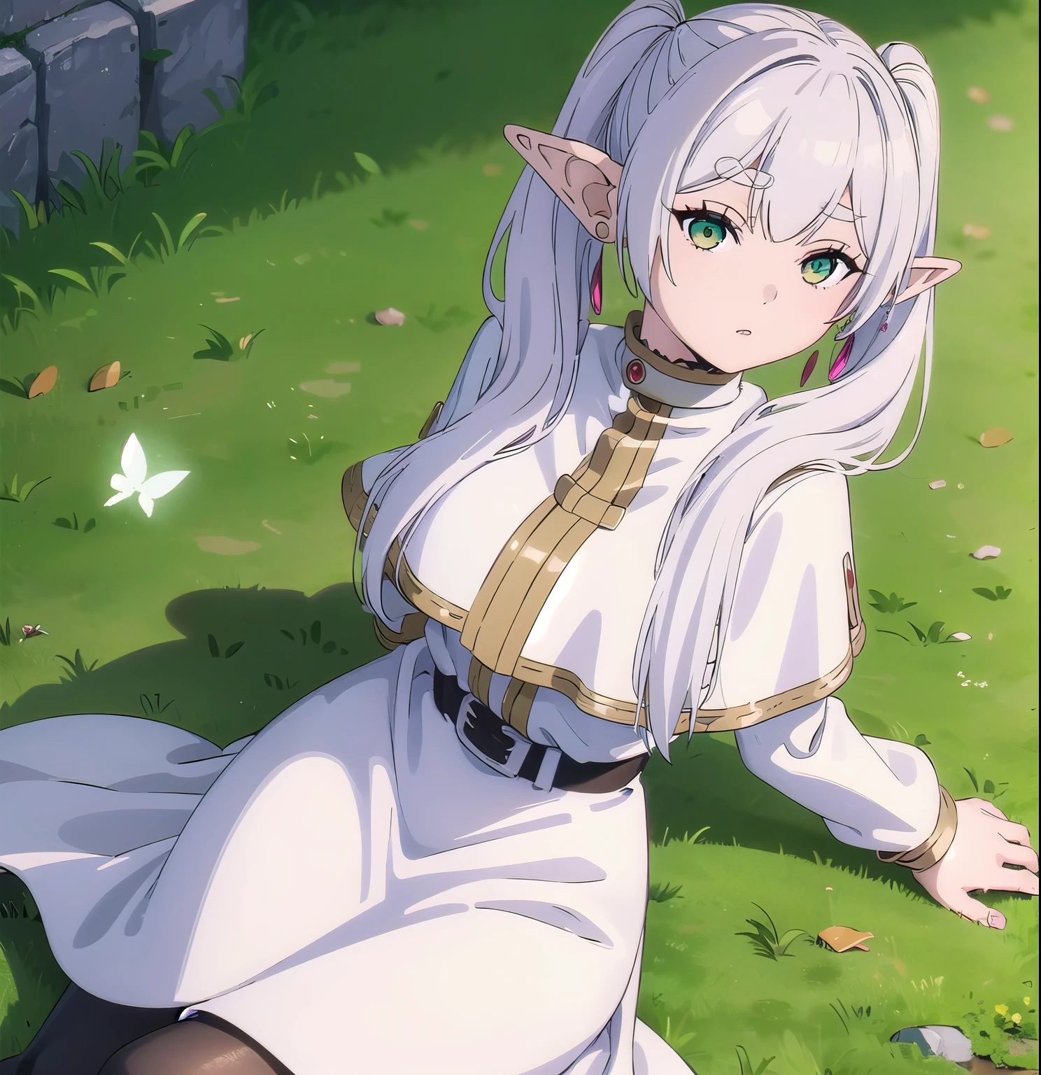 1girl, Frieren, (masterpiece:1.3), (high resolution), (extremely detailed),perfect face, nice eyes and face, (best quality), (super detailed), detailed face and eyes, (solo), textured skin, absurdres, highres, wz_sousou_no_frieren_style, wz_sousou_no_frieren_style, twintails, very long hair, silver hair, pointy ears, elf, white capelet, green eyes, black pantyhose, earrings, white skirt, belt, white sleeves, pov, selfie, butterfly, grass, stone street