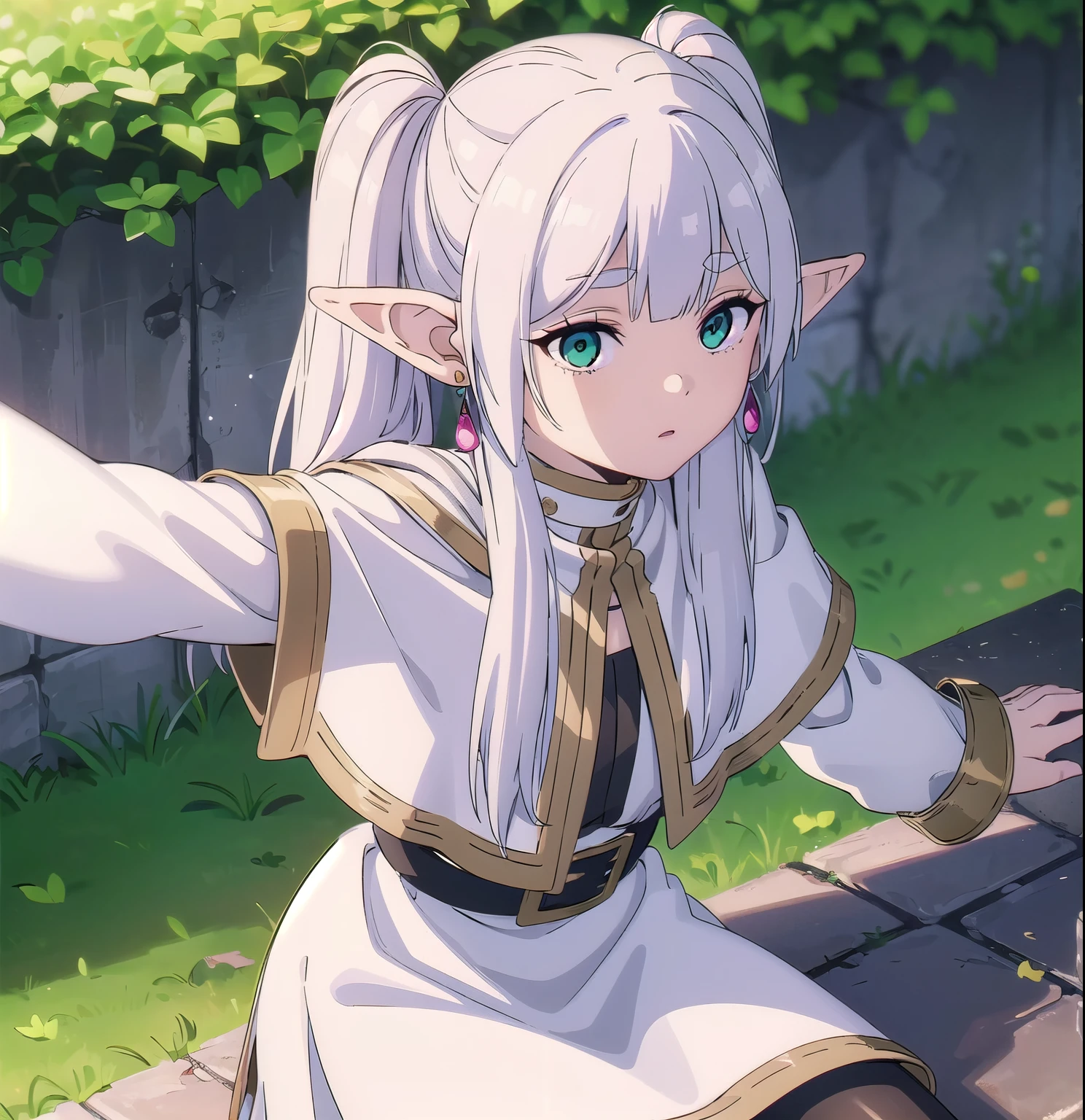 1girl, Frieren, (masterpiece:1.3), (high resolution), (extremely detailed),perfect face, nice eyes and face, (best quality), (super detailed), detailed face and eyes, (solo), textured skin, absurdres, highres, wz_sousou_no_frieren_style, wz_sousou_no_frieren_style, twintails, very long hair, silver hair, pointy ears, elf, white capelet, green eyes, black pantyhose, earrings, white skirt, belt, white sleeves, pov, selfie, butterfly, grass, stone street