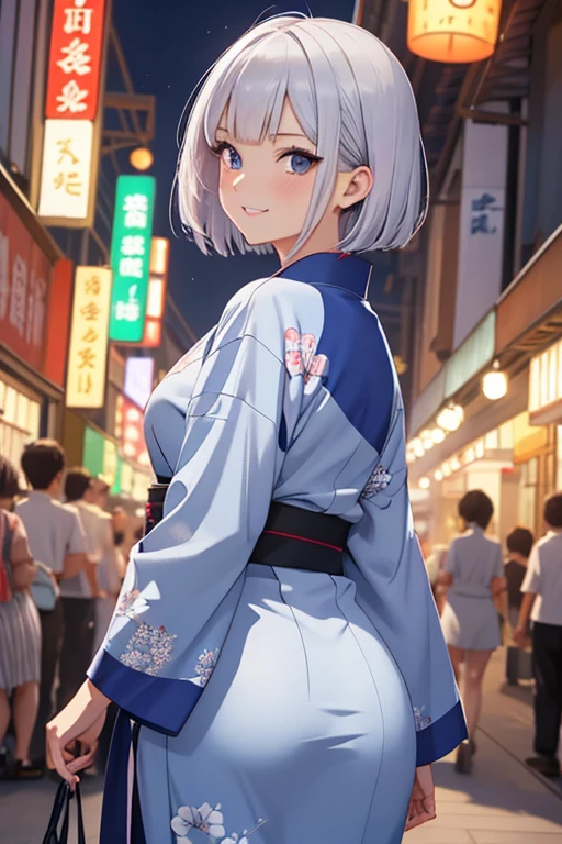 A woman with silver bob hair and blue eyes,Yukata, gazing condescendingly at the viewer with a cute grinning expression, extremely detailed and realistic, masterpiece quality, ultra-detailed, HDR, studio lighting, vivid colors, physically-based rendering, thick thighs, beautiful thighs, school girl, attractive buttocks, (looking back over their shoulder), Enjoying the summer festival、summer night、Fireworks in the background、Night shop in the background