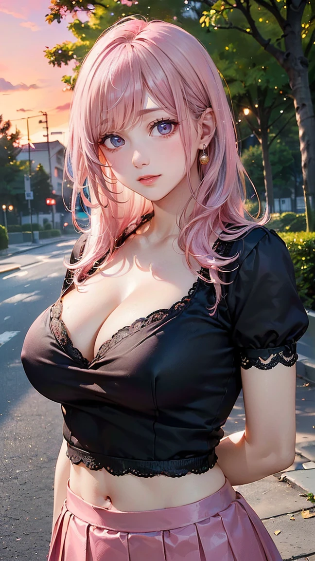 ((Highest quality, 8k, masterpiece :1.3)), (Sharp focus :1.2, Beautiful woman with perfect figure :1.4, Slim Abs), ((Big Breasts, Emphasize cleavage:1.2)), (Photorealistic:1.4), (realistic:1.4), (Pink Hair:1.5), Highly detailed face and skin texture, Fine grain, double eyelid. Makeup face, A little bit of lipstick, sex appeal, Sexy gravure pose, ((In the park at dusk、A high school girl wearing a black lace top and a pink flared skirt、She is smiling and leaning her back sexily.。In the background you can see the red sky and a tree-lined road.。A thin gold bracelet shines on her hand.。:1.3))