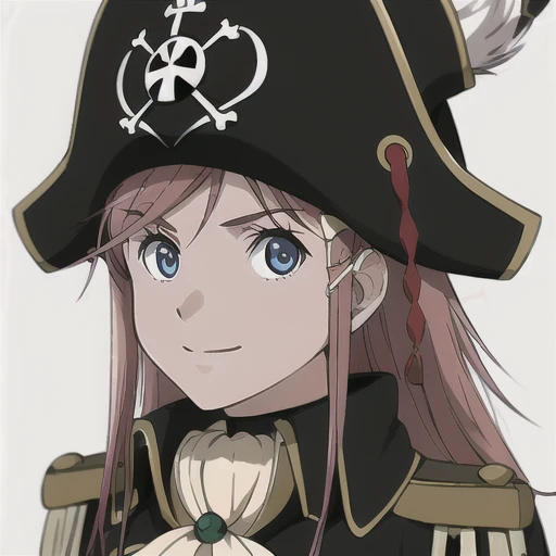 masterpiece, best quality, 1girl, detailed face and eyes, big breasts, Katou Marika, (black pirate costume), belt, (black cargo pants), (black pirate hat), facing the viewer, looking at the viewer, smile, closed mouth, (simple white background)