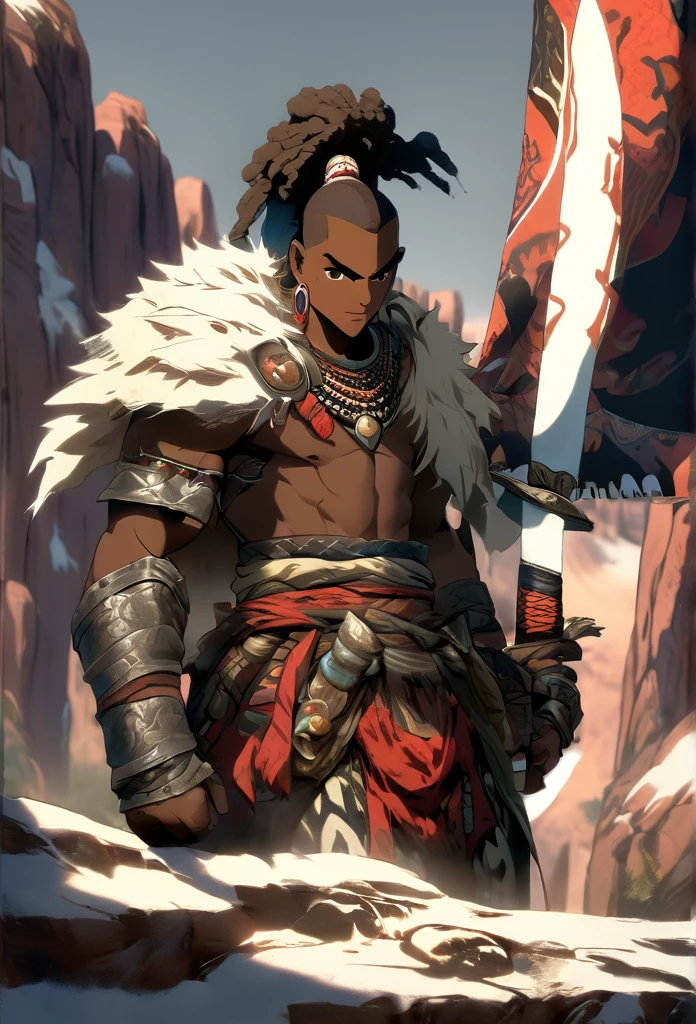 Ultra Realistic, Highly Defined Details, Snowy Mountain Range, Shadowy Distant Back Drop, Bones Liter The Ground, Shandy Color Shading Capturing the Mode, Young Adult African Male Villager, On Top Of Tall Mountain, Piercing Gaze, Serious Sharp Facial Features, Fit Athletic Muscular Physique, Bone Mail Armor, Peaces of tribal decorations tied to armbands, Bone chest plate armor, Lightly armored belt buckle dagger in a sheath, Bone carved Hilt, Long Curved Sword, wrapped in crimson decorated cloth Worn On the Back, Dark Torn Crimson Cloak, Distant Shot Full Body View, Standing In the Wind, Windy Atmosphere, Flaming Flower at his feet, jagged rocks and slopes, Bones in the snow, skeletons liter the ground in the snow, Bones on the ground 
Snowy atmosphere