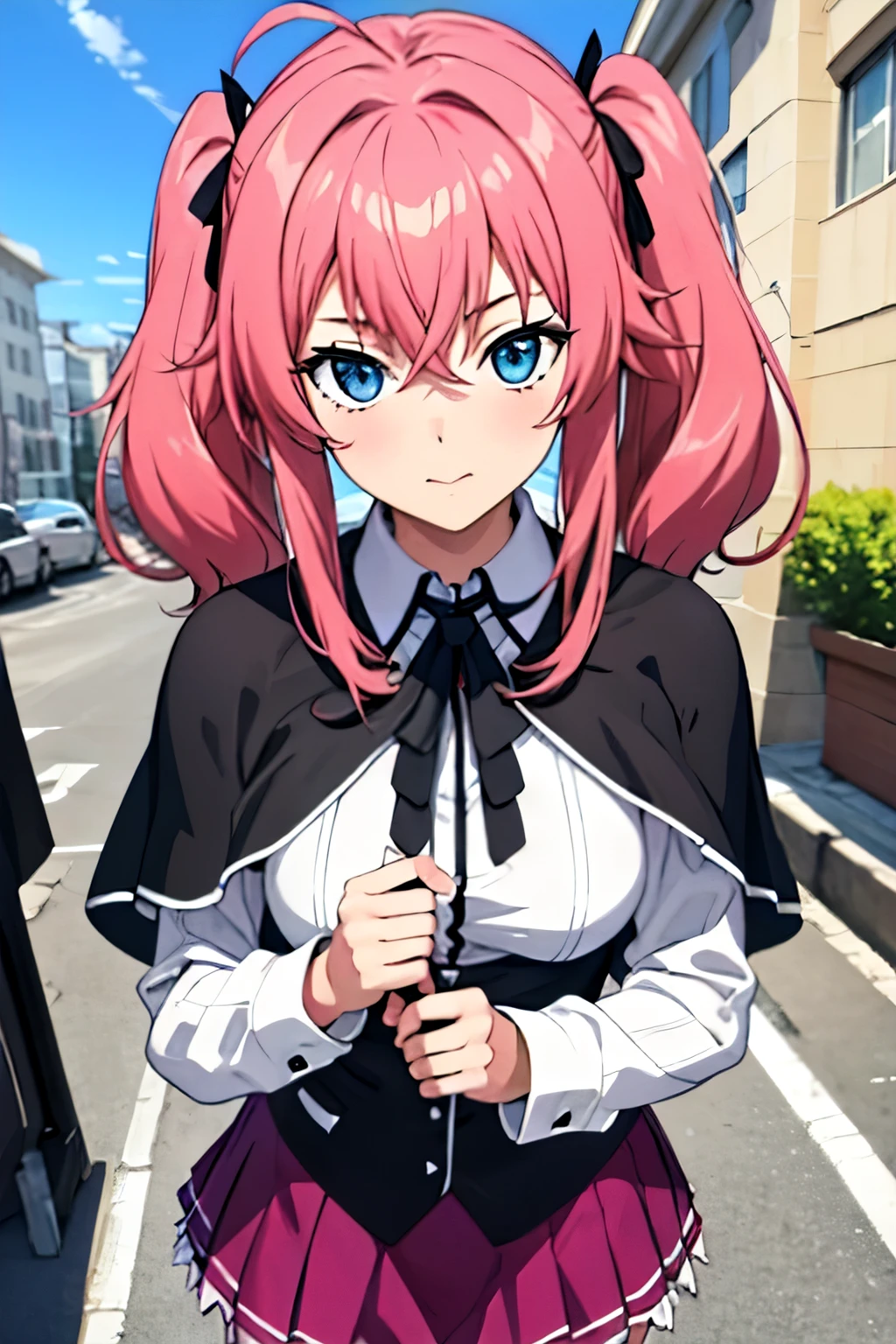 masterpiece, best quality, high quality, highres, outdoors, symmetrical eyes, day, upper body, looking at viewer, solo, focused, BREAK, ANIME_DxD_Rias_Gremory_ownwaifu, 1girl, bangs, medium hair, light soft pink hair, breasts, small breasts, rias gremory, blue eyes, hair between eyes, pigtails, collarbone, hair intakes, black capelet, black corset, collared shirt, kuoh academy , layered skirt, underbust, , skirt, shirt, long sleeves, purple skirt, ribbon, miniskirt, neck ribbon, thighhighs, black ribbon,