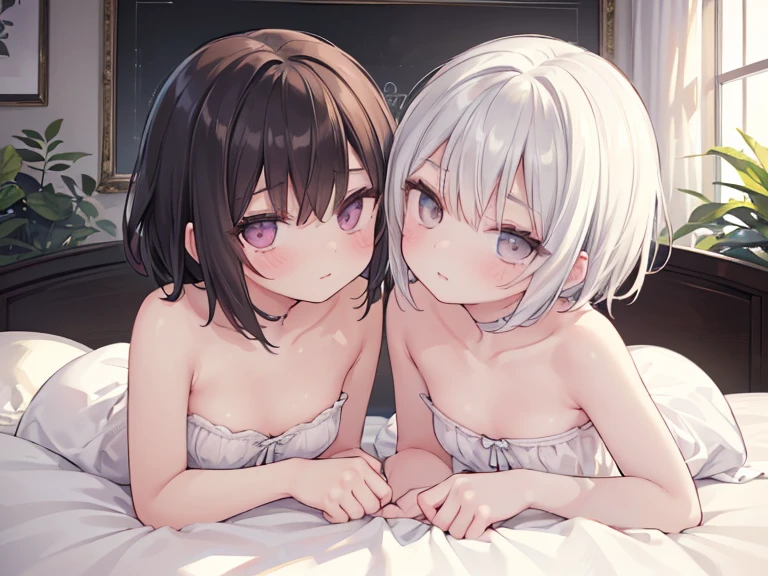 High-quality illustration, masterpiece, (((2 different!!! lesbian girls in bed, DO NOT LOOK TO CAMERA)))(((!!ignoring the viewer, look passionately into each other&#39;s eyes!!))); Stunning naked cute chubby girl with beautiful realistic natural very small soft teen breasts(very small teen breasts:1.5), whole body, thick brown hair to the shoulder blades, Big shiny brown eyes, long eyelashes, Glasses, plump sensual lips, delicious plump little naked body, short stocky torso, plump naked belly, I don&#39;t wear panties because I don&#39;t want to, I don&#39;t wear a bra because I don&#39;t want to, rounded split hips, open legs, (severe estrus, vaginal splashes, pre-orgasmic state, Strong ecstasy:1.5), beautiful naked long bare legs, beautiful hands with graceful fingers; лёжа рядом с подругой на постели Looking at each other((random appearance of a friend:1.4)), (different emotions of a friend), lust, kisses, active caresses, touch the clitoris with your fingers, touch each other&#39;s breasts, touch pussy with fingers, active interaction between girls, (Looking at each other), kissing girlfriend&#39;s crotch, suck girlfriend&#39;s nipple, bringing each other to orgasm, lesbian sex, cunnilingus, high quality rendering, realistic anatomy, 8 K, ((((Don&#39;t look at the camera!!!))))