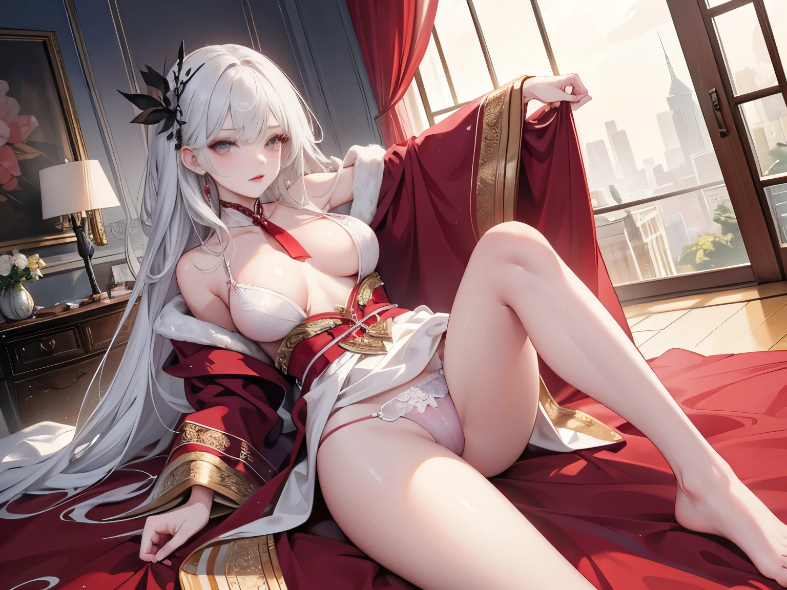 (looking at viewer), fullbody view,((erotic posing)),Dynamic posing,Arrange pose,dramatic,cinematic,detailed background,dynamic angle,Hard NSFW,Top quality work，Photorealistic works，Ultra Premium Graphics，8K HD CG works，High-quality graphics，High-definition fine CG works，超A high resolution、Show Legs，close-up all over the body，10x pixel，Ultra-fine details：1.1，Advanced technical details：1.1Photographically realistic，Indoor lighting effects：1.5，Natural light：1.5. light effect（Virtual Light Effects：1.8），超A high resolution，Transparent hair，High Detail Hair（Premium Hair Detail：1.1）Clear eyes，Good looking double eyelids，Sharp eye makeup, Delicate makeup for eyelashes, Thin eyebrows, ultradetailed eyes，lovely red lips, Rose cheeks, Face with delicate makeup , Pretty Face, A perfectly proportioned face,（Advanced facial details：1.1，stiletto heelitts，Authentic dress works，In the banquet hall，Women's Artwork，full-body view，Realism，overall look is very erotic, amazing,Large round chest、Beautiful eye details、Very slender eyes、Beautiful eyelashes、beautiful double eyelid, creamy silk robe, lace white bra and panties, (((silk robe lift, Panties are visible)))