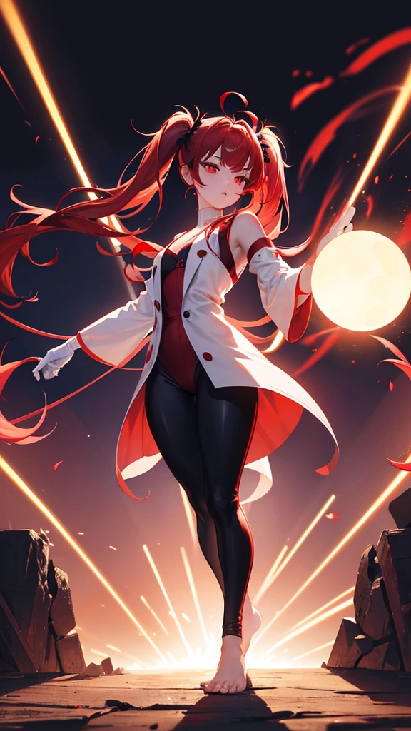 18 years old, red hair, pig tails hair, red eyes, in a full body robe with leggings, masterpiece, high quality, glowing energy ball in right hand, shoulders exposed, gloves, ready to fight pose, 4k, magician, glow effect, red energy intertwined in an atmospheric beauty, crazy glow effect, cinematic atmosphere 