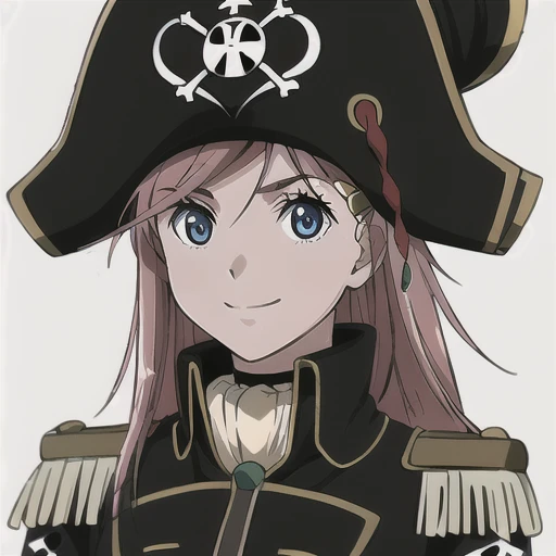 masterpiece, best quality, 1girl, detailed face and eyes, big breasts, Katou Marika, (black pirate costume), belt, (black cargo pants), (black pirate hat), facing the viewer, looking at the viewer, smile, closed mouth, (simple white background)