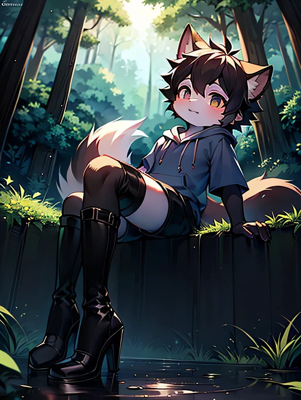 perspective:close distance,alone, 1 person, In the midday forest, Puddle,Black Hair,Shorts,the tail is fluffy, Short sleeve hoodie，Shota, Black knee-high boots,Stiletto heels,