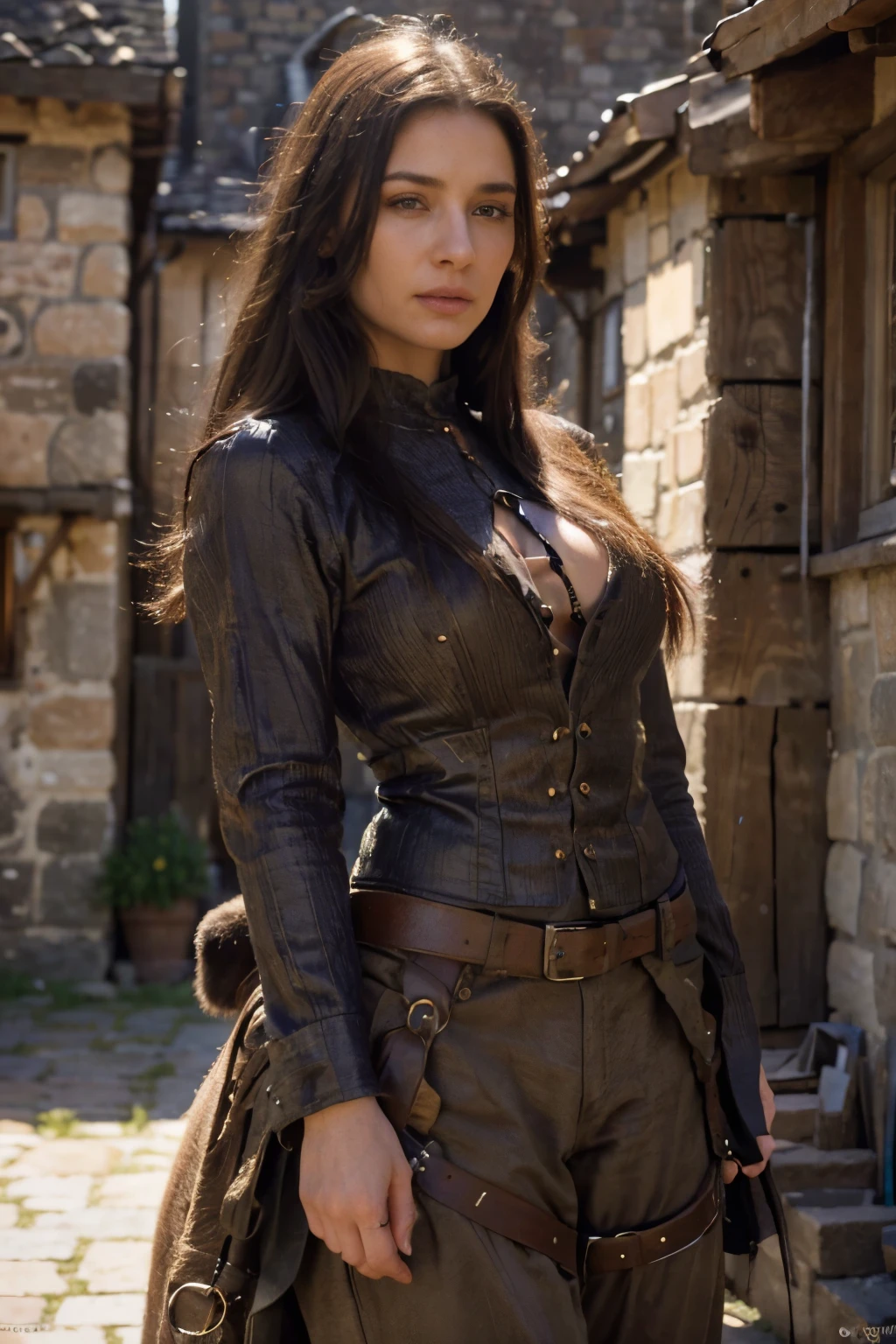 cowgirl on horse, medieval houses in background, highly detailed, hyperrealistic, beautiful detailed eyes, beautiful detailed lips, extremely detailed face, detailed fantasy medieval town, detailed stone houses, detailed cobblestone streets, dramatic lighting, warm color tones, vibrant colors, dramatic shadows, cinematic composition, (best quality,4k,8k,highres,masterpiece:1.2),ultra-detailed,(realistic,photorealistic,photo-realistic:1.37)