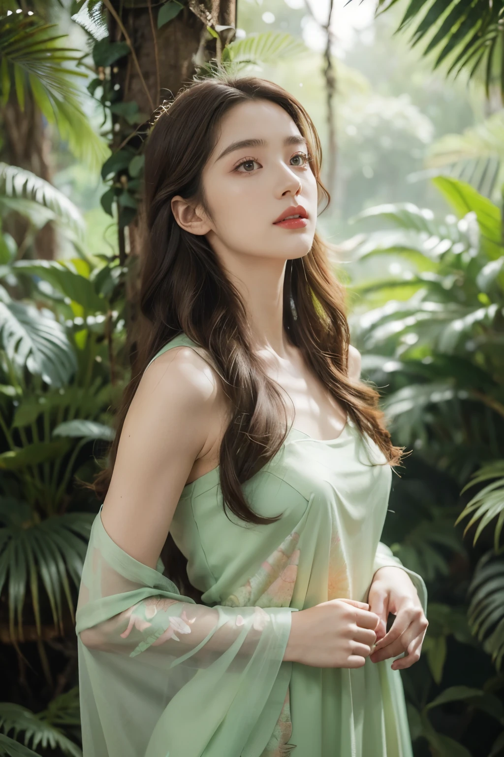 (((best quality))),(((ultra detailed))),(((masterpiece))),portrait,illustration,1girl 40-year-old,solo,enchanting beauty, elegance, confidence,shoulder length straight hair,slim,thin,flat chest,small breasts,standing,vibrant red lipstick, sleek forest green dress, above knees, s intricate floral patterns, stylish boots, calf-high, adventure, lush prehistoric forest, Jurassic Park, (vibrant pink dinosaur:1.2), pastel scales, tall proud, long neck, massive rounded body, majestic presence, powerful legs, gentle intelligent eyes, unforgettable bond, towering ferns, lush undergrowth, captivating backdrop, vines, towering trees, delicate flowers, sweet scent, gentle rustling, soft melodic breeze, mystical, adventure, wonder, extraordinary encounter, timeless journey, etched in time, extraordinary encounters, unknown,((from front,upper body))