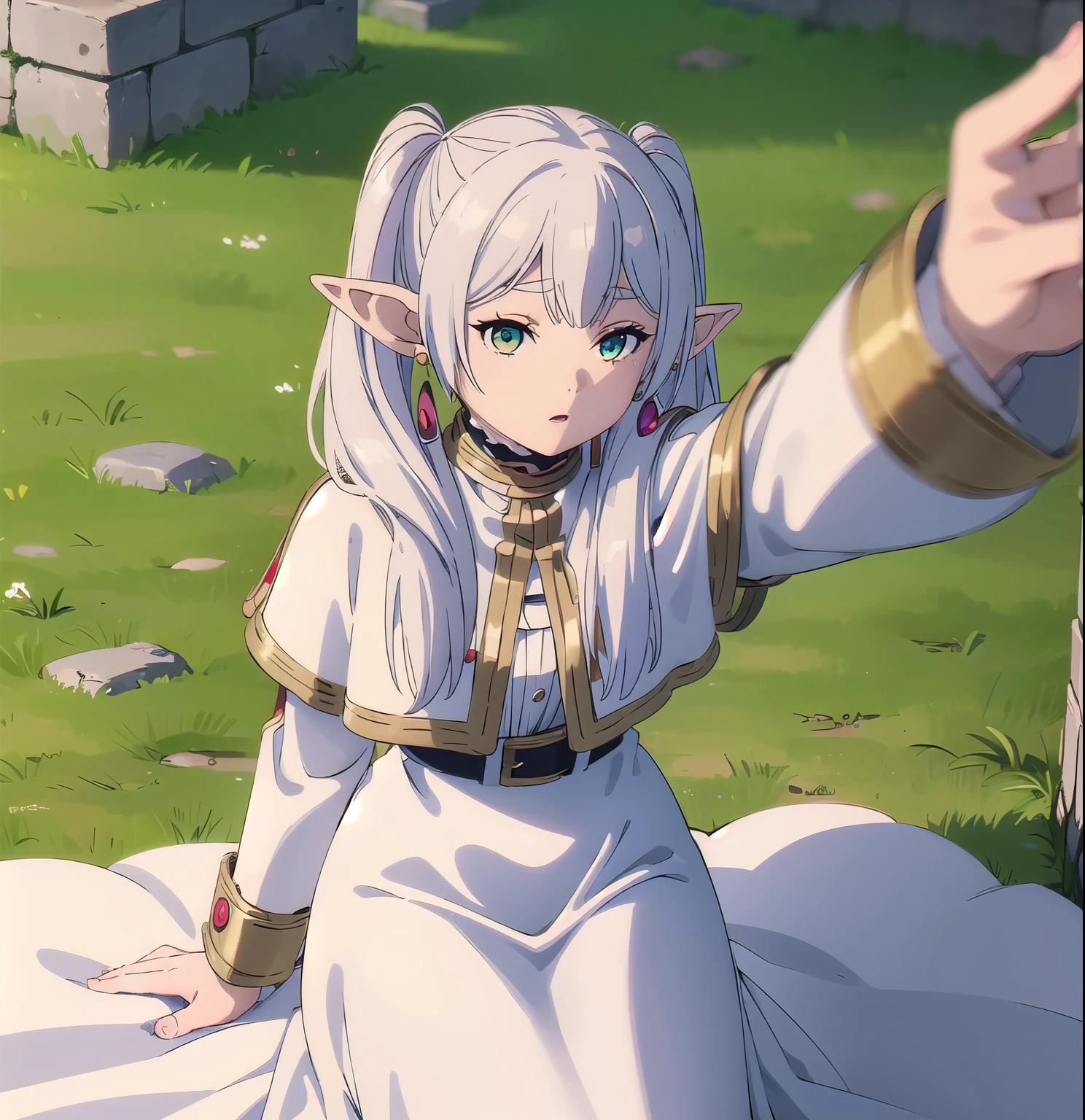1girl, Frieren, (masterpiece:1.3), (high resolution), (extremely detailed),perfect face, nice eyes and face, (best quality), (super detailed), detailed face and eyes, (solo), textured skin, absurdres, highres, wz_sousou_no_frieren_style, wz_sousou_no_frieren_style, twintails, very long hair, silver hair, pointy ears, elf, white capelet, green eyes,  black pantyhose, earrings, white skirt, belt, white sleeves, pov, selfie, butterfly, grass, stone street