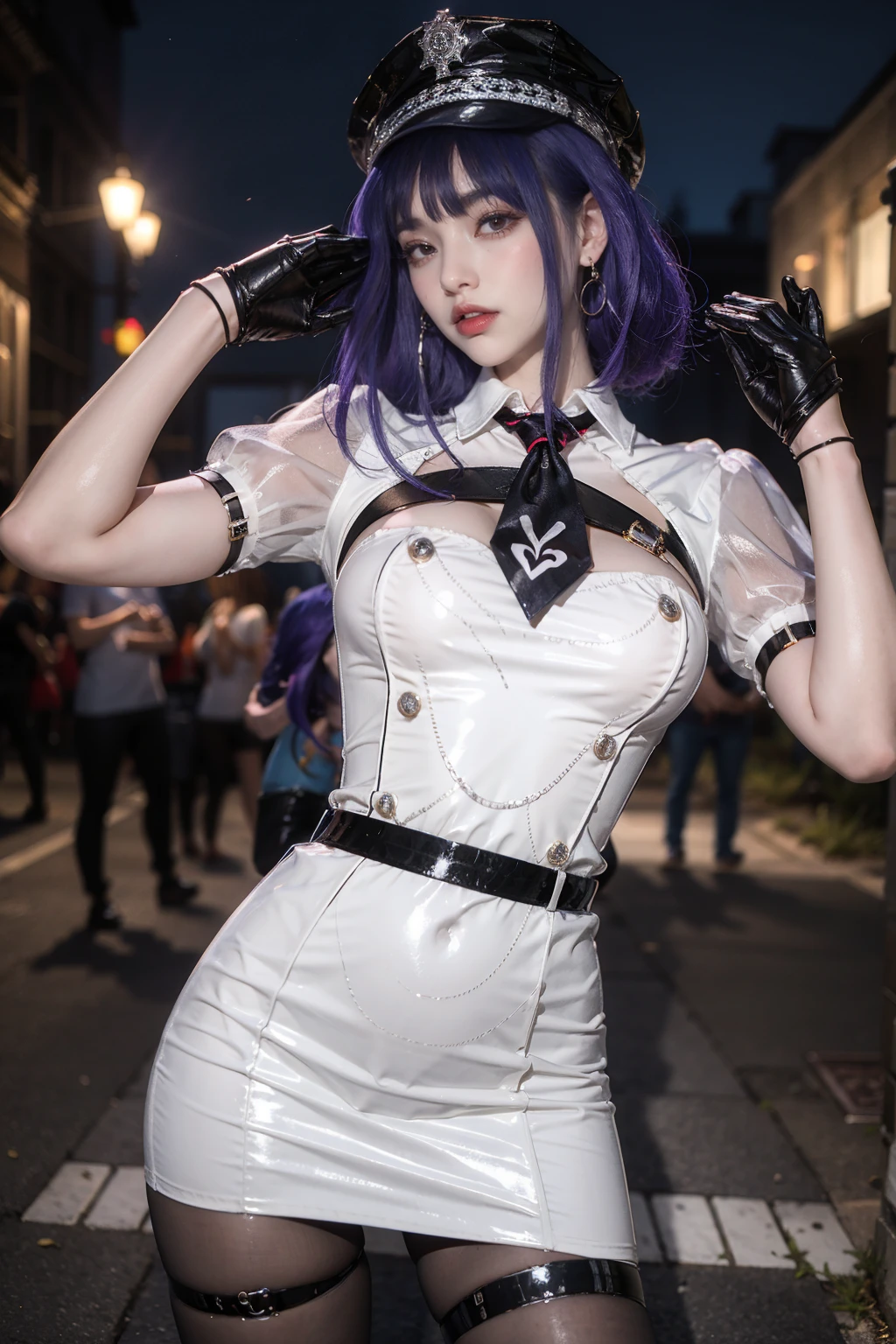 best quality,masterpiece,outdoor,night,1 Girl,Solitary,blush,Eyeliner,Eyeshadow,eyelash,Bangs,Short bangs,,Breast sagging,Lemon 0001,skirt,white skirt,,Red belt,Jewelry,Black pantyhose,belt,Purple Hair,have,black have,Peaked hat,Half-fingered gloves,Black Gloves,Short sleeve,puffy Short sleeve,Thigh straps,For the audience,permanent,whole body,