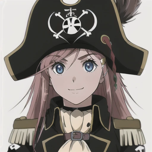 masterpiece, best quality, 1girl, detailed face and eyes, big breasts, Katou Marika, (black pirate costume), belt, (black cargo pants), (black pirate hat), facing the viewer, looking at the viewer, smile, closed mouth, (simple white background)