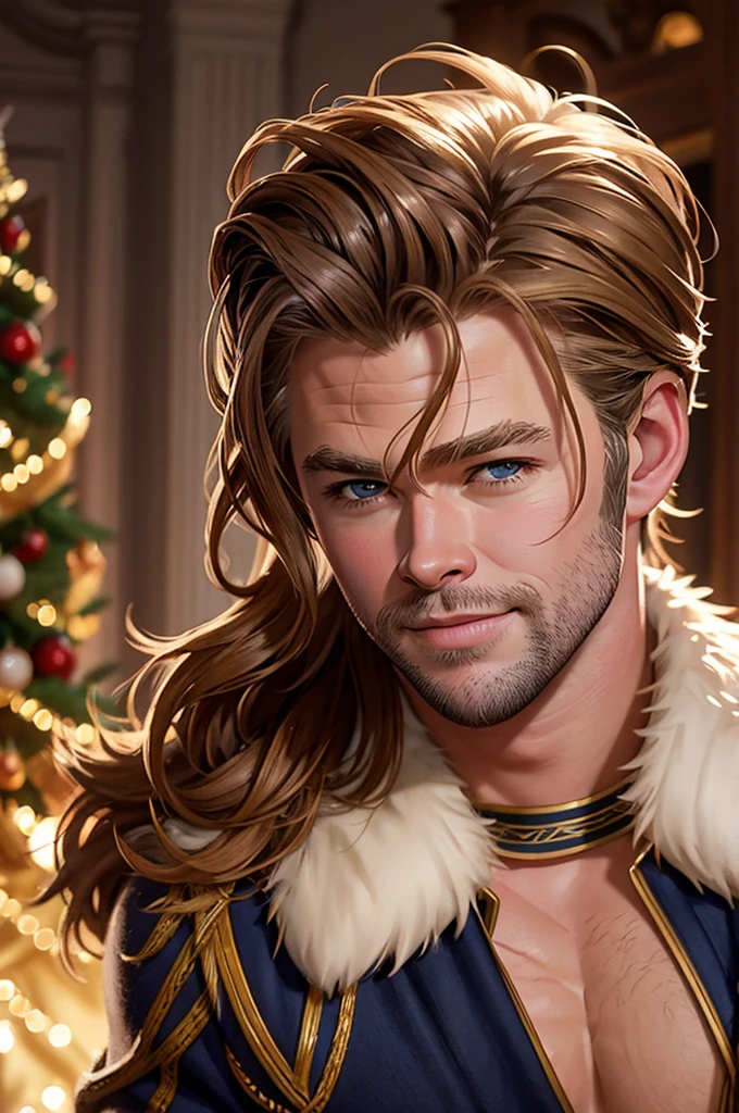 Illustration in Leyendecker style  : happy Chris Hemsworth with chrismast three hairy cheest