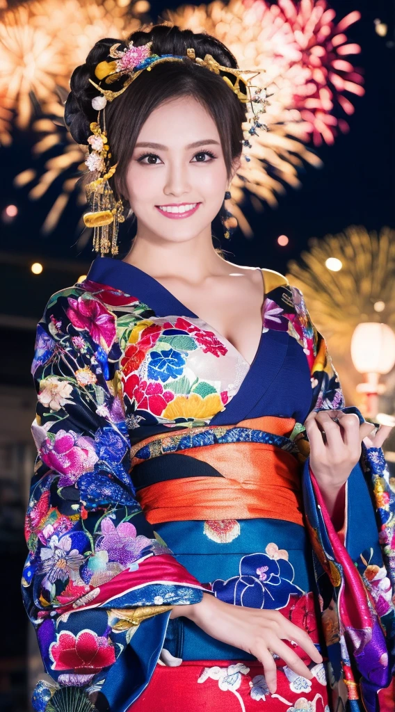 ((masterpiece(:1.4)，Highest quality，Ultra-high resolution，Highest quality，8k，Extremely detailed，In detail))。night，Fireworks display，Japanese，A beautiful woman，Big Breasts，Flashy gal makeup，Oiran，Long-sleeved kimono，Hair tying，hair ornaments，smoke tube，geta，Gorgeous and luxurious，(Fireworks displayのnightに河川敷で花火を背景にしたスナップ写真)，Hyper Quality