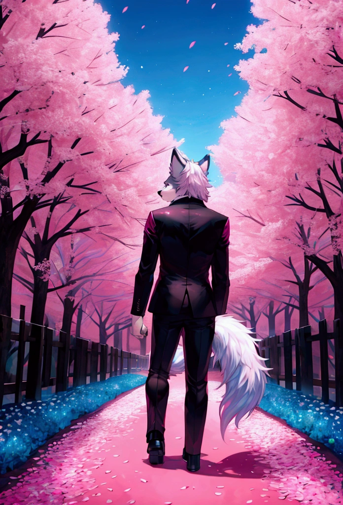 (highest quality, 32K resolution, high resolution, super detailed, realistic, finely drawn details), Unreal Engine 5, Tokyo lighting, romantic motifs, rose creation portal, majestic background, floral atmosphere, beautiful landscape, flower bed on the ground, Aesthetic wallpaper, e-commerce live room background, ultra-realistic rendering, exquisite composition, awesome wallpapers, awesome images, aesthetic wallpaper, red background, red reflection, C4D rendering, top quality, photo raw "Pure white cherry blossoms, pure white background, pink cherry blossoms, bright cherry blossoms, ((1child)), ((wolf)), ((furry)), ((tail)), ((walking forward)), ((pink fur)), ((black suit)), ((black pants)), ((blue sky)), focusing from behind, well detailed tail