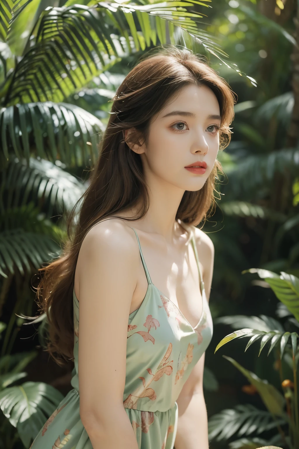 (((best quality))),(((ultra detailed))),(((masterpiece))),portrait,illustration,1girl age 50-year-old,solo,enchanting beauty, elegance, confidence,shoulder length straight hair,slim,thin,flat chest,small breasts,standing,vibrant red lipstick, sleek forest green dress, above knees, s intricate floral patterns, stylish boots, calf-high, adventure, lush prehistoric forest, Jurassic Park, (vibrant pink dinosaur:1.2), pastel scales, tall proud, long neck, massive rounded body, majestic presence, powerful legs, gentle intelligent eyes, unforgettable bond, towering ferns, lush undergrowth, captivating backdrop, vines, towering trees, delicate flowers, sweet scent, gentle rustling, soft melodic breeze, mystical, adventure, wonder, extraordinary encounter, timeless journey, etched in time, extraordinary encounters, unknown,((from front,upper body))