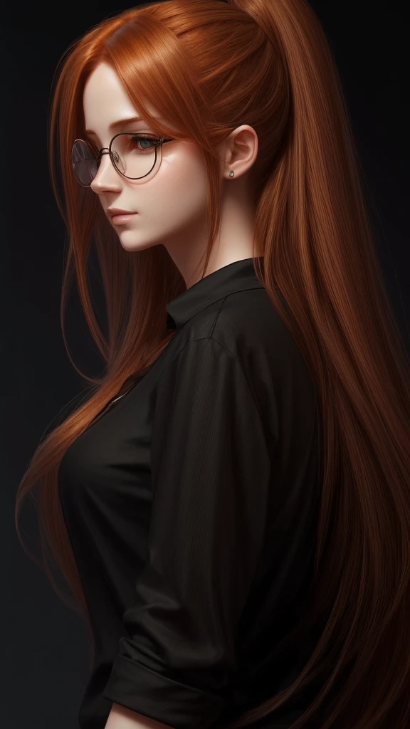 (high quality, ArtStation, Relax Art, fantasy style:1.2), (A beautiful girl, from side), (long messy ginger hair), (black shirt, glasses)