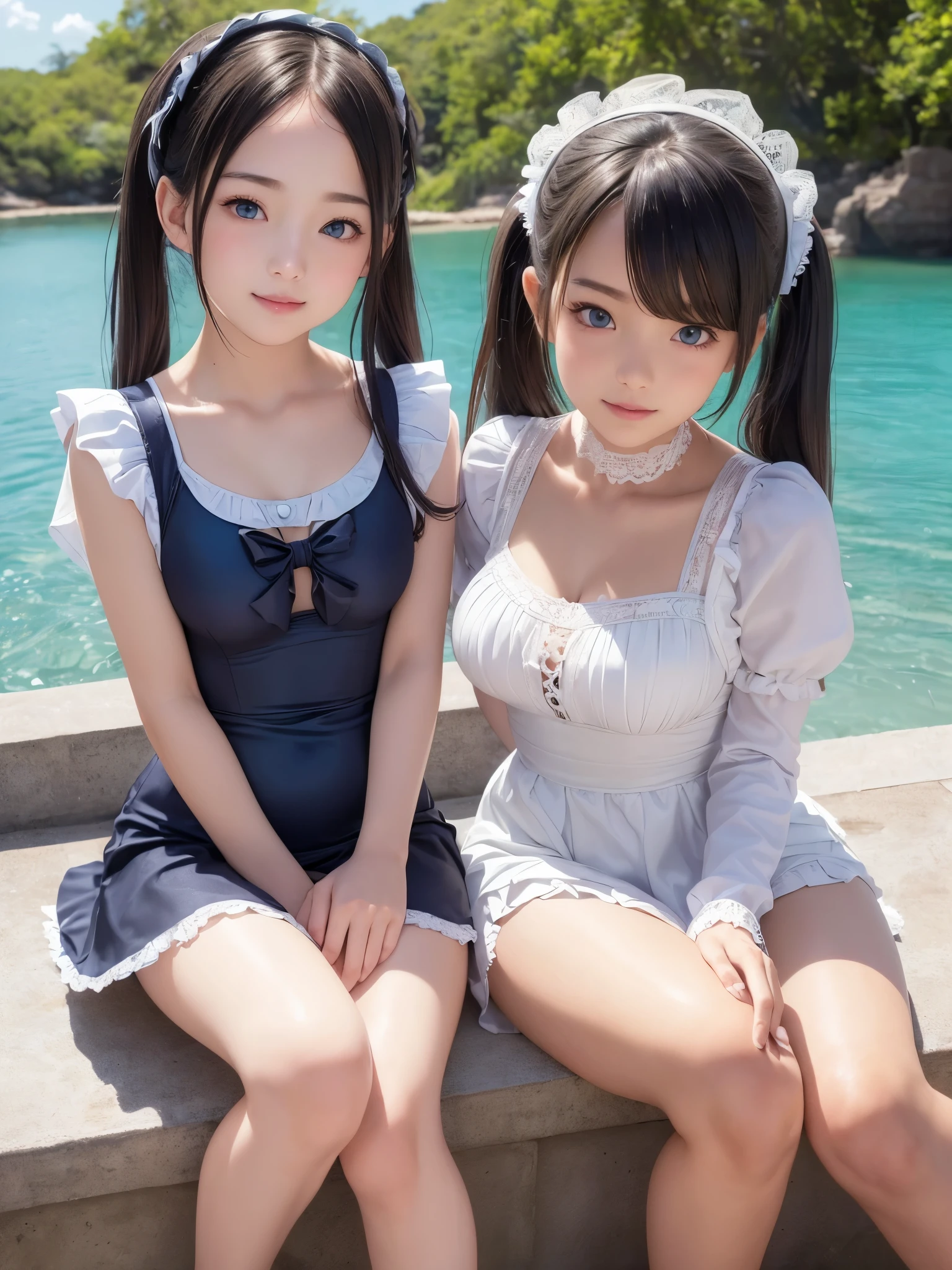 ((masterpiece)), ((highest quality、Ultra high definition)), (Very detailed),8K、Photo quality、((Amazingly cute girl)),-yeld gi), Two people, , (Beautiful emerald blue eyes), ((smile)),In the open-air bath overlooking the sea, Beautifully arranged black hair in twin tails、スリムボディー、((Cute lolita maid style swimsuit))、Professional Lighting、(White lace knee-highore detailed and beautiful)、(More details and cutenesore realistic)、((Just wear light clothing))、プールではしゃぐ、