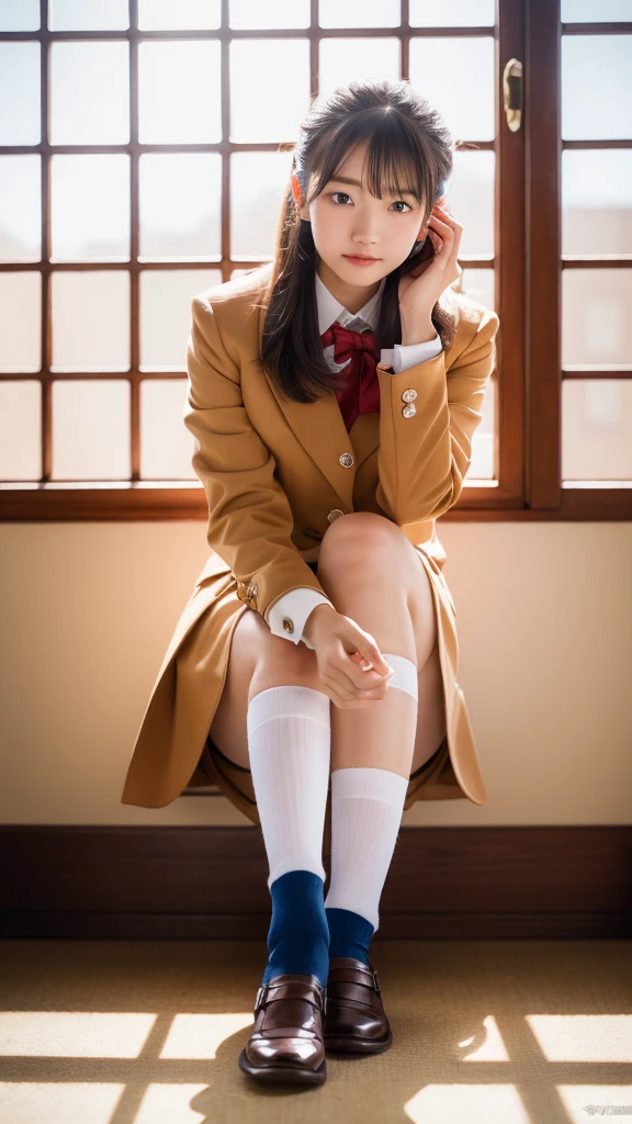 ulzzang -6500-v1.1, (Raw photo:1.2), (Photorealistic:1.4), Beautiful detailed girl, Very detailed eyes and face, Beautiful detailed eyes, Ridiculous, Incredibly ridiculous, Huge file size, super detailed, High resolution, Very detailed, Best Quality, masutepiece, Kemomimi, ((Japanese girls' high school uniform)), Illustration, Very detailed, nffsw, unified, 8K Wallpaper, amazing, Fine details, masutepiece, Best Quality, Highly detailed ticker uniform 8k wallpaper, Light on Face, Cinematic lighting, 1girl in, 16 years old, (()), ((Dynamic Pose))), (Camel toe),  (knee-bending leg sitting))