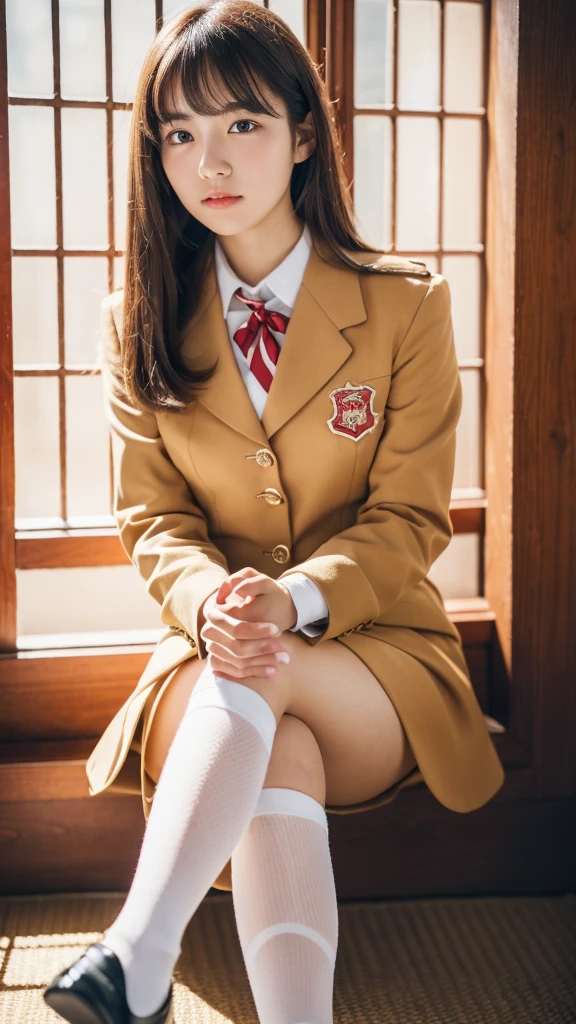 ulzzang-6500-v1.1, (Raw photo:1.2), (Photorealistic:1.4), Beautiful detailed girl, Very detailed eyes and face, Beautiful detailed eyes, Ridiculous, Incredibly ridiculous, Ultra detailed, High resolution, Very detailed, Best quality, Masterpiece, ((Japan girls' high school uniform)), In the classroom, by the window and outside the blue sky, unified, 8k wallpaper, fantastic, fine detail, masterpiece, top quality, highly detailed cg uniform 8k wallpaper,movie lighting, 16 year old girl, (dynamic pose))), (camel toe), (knee bending leg sitting))