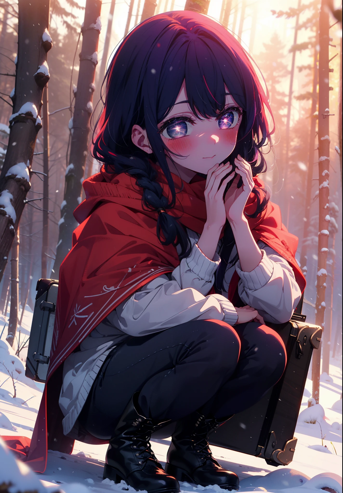 aihoshino, Ai Hoshino, Long Hair, bangs, (Purple eyes:1.1), Purple Hair, (Symbol-shaped pupil:1.5), smile,,smile,blush,white breath,
Open your mouth,snow,Ground bonfire, Outdoor, boots, snowing, From the side, wood, suitcase, Cape, Blurred, , forest, White handbag, nature, Squat, Mouth closed, Cape, winter, Written boundary depth, Black shoes, red Cape break looking at viewer, Upper Body, whole body, break Outdoor, forest, nature, break (masterpiece:1.2), Highest quality, High resolution, unity 8k wallpaper, (shape:0.8), (Beautiful and beautiful eyes:1.6), Highly detailed face, Perfect lighting, Extremely detailed CG, (Perfect hands, Perfect Anatomy),