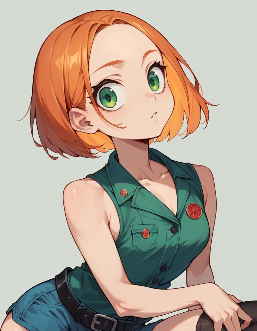 girl, orange hair, bob cut, forehead, big eyes, green eyes, bare chest, black small vest, blue shorts, black thighhighs, black belt with daggers, slim
