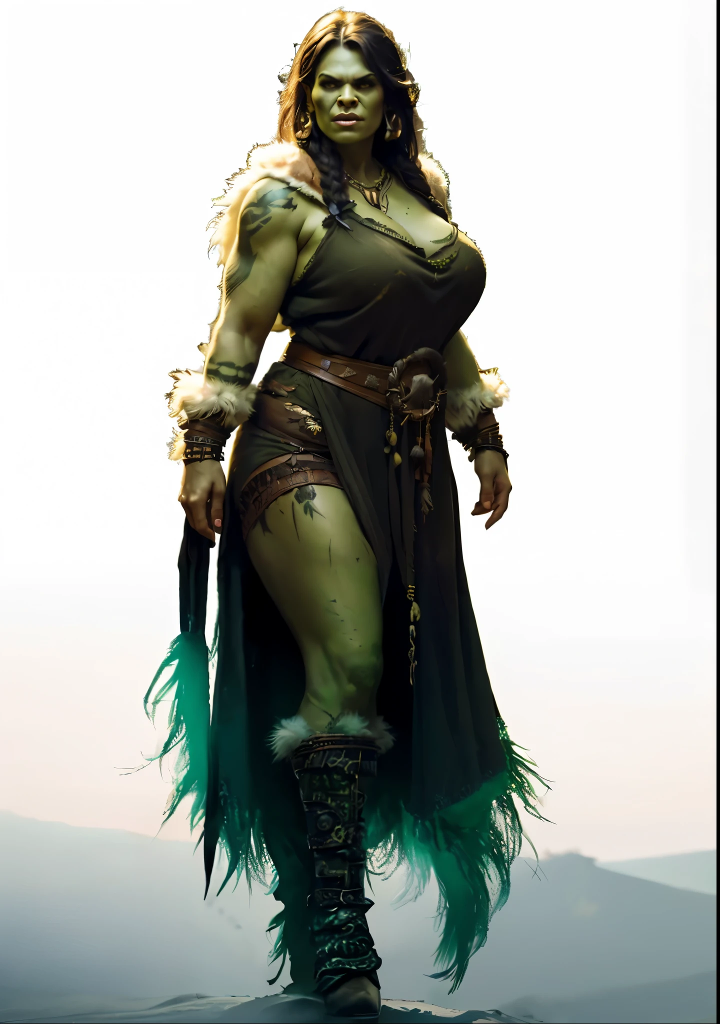 female orc, (green skin) , legs, wool and fur barbarian boots, tribal tattoos, big body, highly detailed, 4k, photorealistic, dramatic lighting, cinematic, fantasy art, ultra high quality, sharp Focus, orczor
