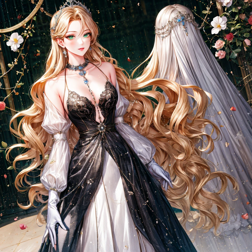 girly style, (flower background, romance comics), 1 girl, blond, alone, long hair, flower, skirt, crown, white skirt, Gloves, Long sleeve, collar, Green eyes, mascara, cosmetics, white Gloves, black bow, black flower, Straight Hair, drill hair, french OKid, bow, OK, jewelry, looking at the audience, White background, clavicle, puffy sleeves, silver accessories, full-body shot, parted bangs, very long hair, blue skirt, trim, bangs, Keep your mouth shut, delicate eyes, 火flower