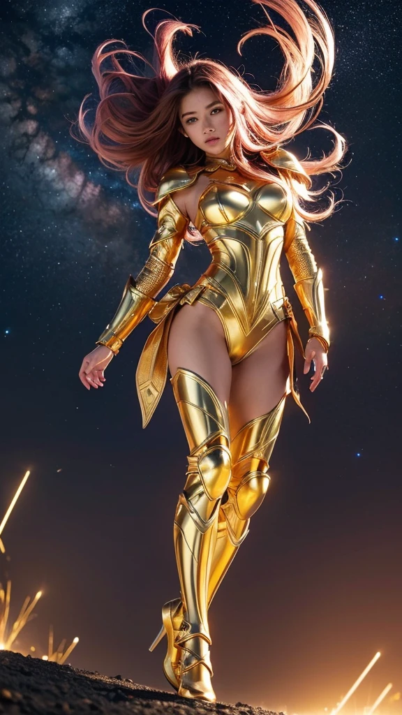 ((best quality)), ((masterpiece)), (ultra detailed lights), ((full body shot)), ((skinny body)), indonesian girl, extremely beautiful, ((slim body)), thighs gap, ultra face details, 20 years old, ((pink curvy-hair)), ((hair blown by strong winds :1.3)), Award-winning photograph, ((symmetrical pose)), goddess in ((full body golden black armor)) are in the middle of battlefield, posing in the middle, intricate details, ((thight golden armour)), ((extremely details armor)), ((tight latex panties)), ((24k-gold armor)), ((edge luminous armor)), cameltoe, luminescent, epic lights reflections, ((she is posing with golden bow)), at beach, full of stars, orange clouds, nebula sky, epic aurora borealis in the background, shooting stars, ((from below))