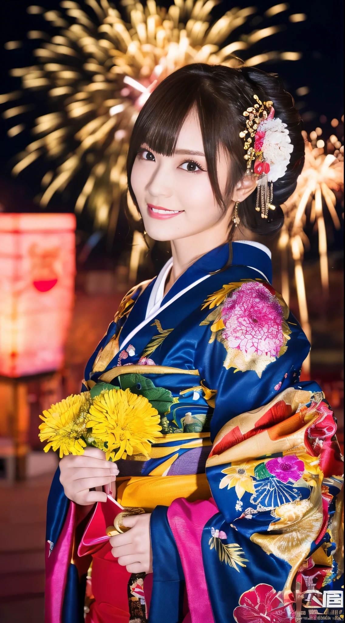 ((masterpiece(:1.4),Highest quality,Ultra-high resolution,Highest quality,8k,Extremely detailed,In detail))。night,Fireworks display,Japanese,A beautiful woman,Big Breasts,Flashy gal makeup,Oiran,Long-sleeved kimono,Hair tying,hair ornaments,smoke tube,geta,Gorgeous and luxurious,(Fireworks displayのnightに河川敷で花火を背景にしたスナップ写真),Hyper Quality