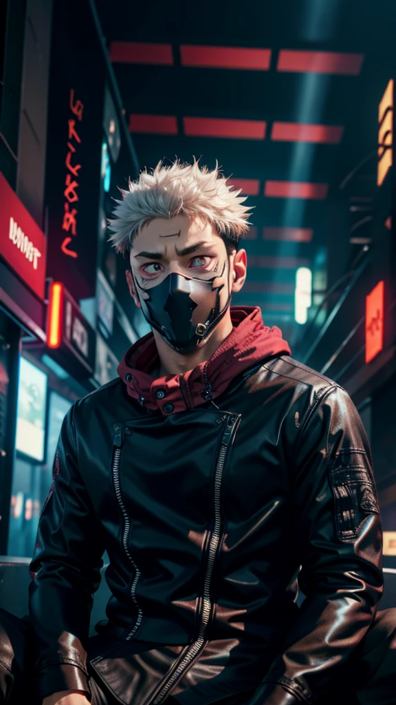 "dark theme :: closeup face focus, ultra realistic futuristic cyberpunk muscular male white hair sitting :: cyberpunk face (cyber eyes) :: cool cybernetic punk jacket red neon eyes :: shirtless:: mechanical intricate mask :: natural lighting :: bokeh :: 8k :: best quality :: masterpiece :: futuristic cityscape background"