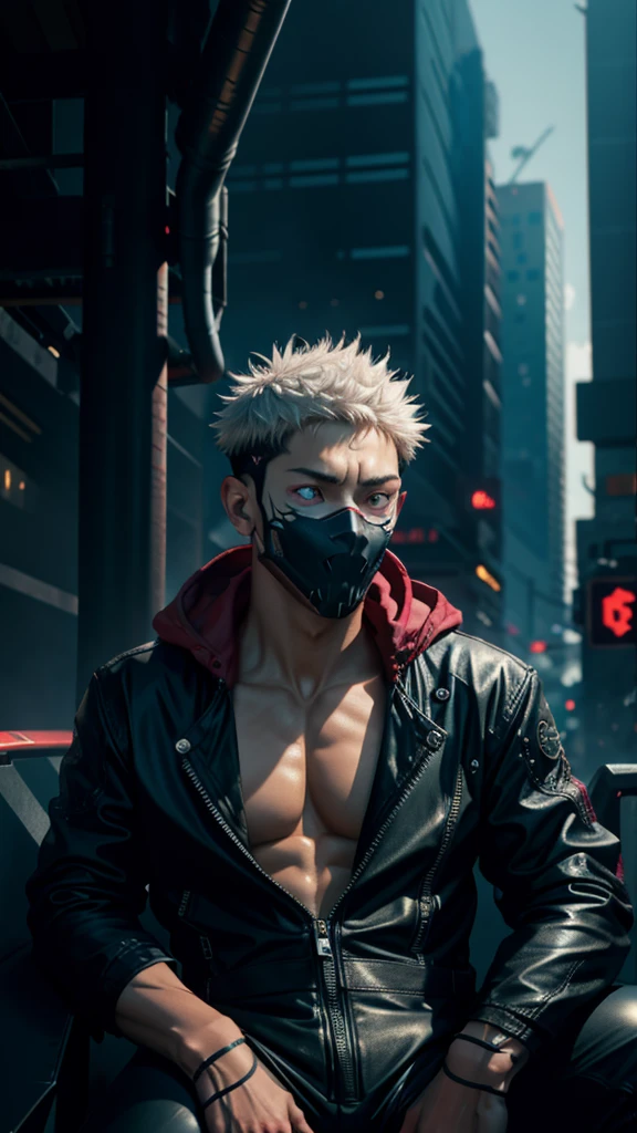 "dark theme :: closeup face focus, ultra realistic futuristic cyberpunk muscular male white hair sitting :: cyberpunk face (cyber eyes) :: cool cybernetic punk jacket red neon eyes :: shirtless:: mechanical intricate mask :: natural lighting :: bokeh :: 8k :: best quality :: masterpiece :: futuristic cityscape background"