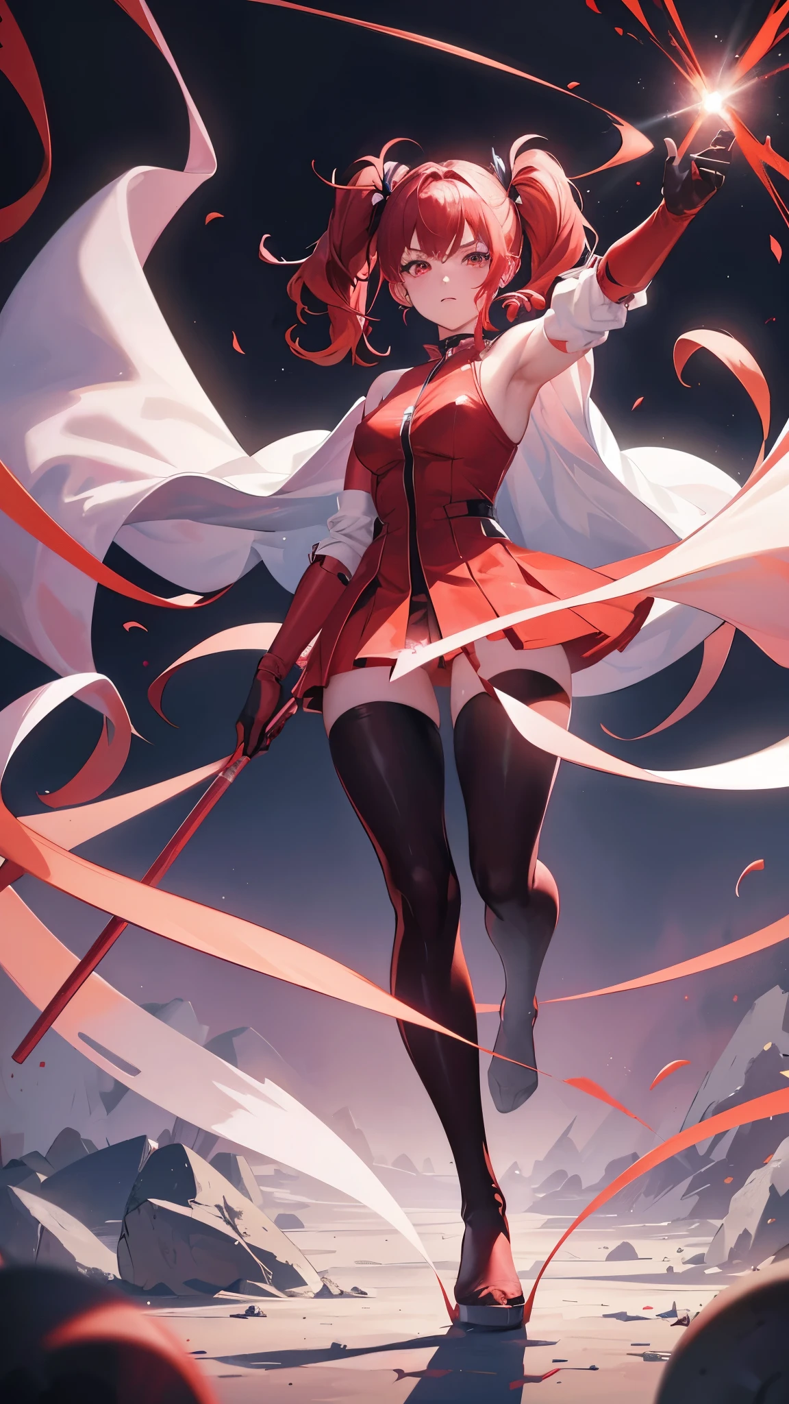 18 years old, red hair, pig tails hair, red eyes, in a full body robe with leggings, masterpiece, high quality, glowing energy ball in right hand, shoulders exposed, gloves, ready to fight pose, 4k, magician, glow effect, red energy intertwined in an atmospheric beauty, crazy glow effect, cinematic atmosphere