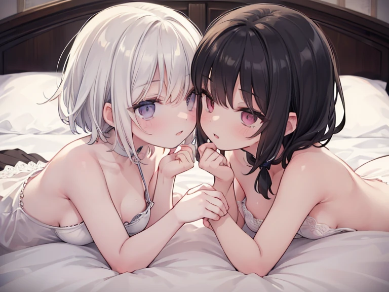 lesbian couple kissing, a girl with long black hair, dark skin, brown eyes and another girl with short hair, wavy white hair, dressed in pink, tender and white skin.