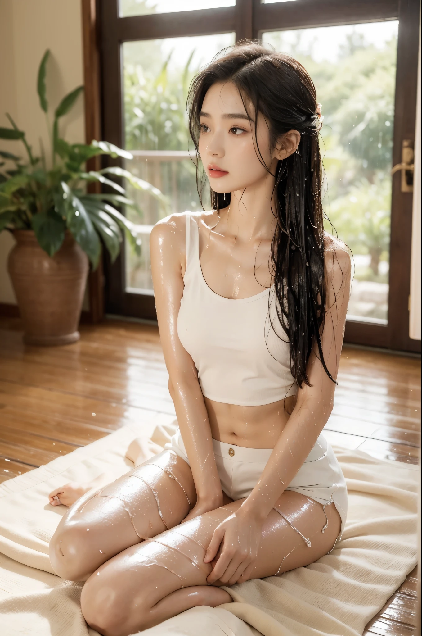 (((best quality))),(((ultra detailed))),(((masterpiece))),illustration,((1 beautiful girl,solo)),(blush:1.3),(sweat:1.5),(wet:1.5),(shiny skin:1.5),((slim,thin)),((small breasts,flat chest)),serene, Japanese countryside, summer, (white tank top:1.3),(navel:1.2),(white shorts:1.3),(slender legs:1.2), resilience, vitality, Japanese-style room, tatami mats, paper sliding doors, natural light, warm ambiance, minimalistic furniture, harmony, nature, human existence, radiant complexion,(shoulder length straight hair:1.2), ethereal, determination, unwavering spirit, adversity, stunning appearance, captivating, interplay of light and shadow, intricate details, heat, strength, tranquility, inner peace, summer beauty, human subject,resilience,(watermelon:1.2),(sitting on the floor:1.3),((from front,upper body))