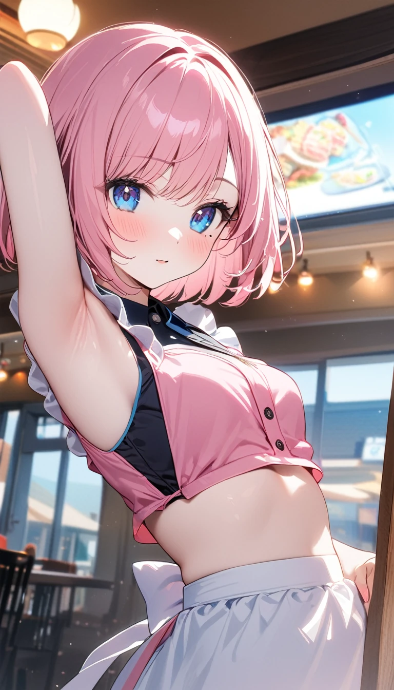 (1 girl),(Best Picture Quality, 8K, Masterpiece:1.3), (high school student:1.5), ((pink lob hair:1.1)), (bob cut),(swept bangs), (cute eyes, pupil black, iris skyblue, youthful face), (mole under right eye), (standard weight), (small breasts), (glistening skin:1.1),(pale skin:1.2),((pink Princess maid)),(midriff peek),(showing armpits),(restaurant).