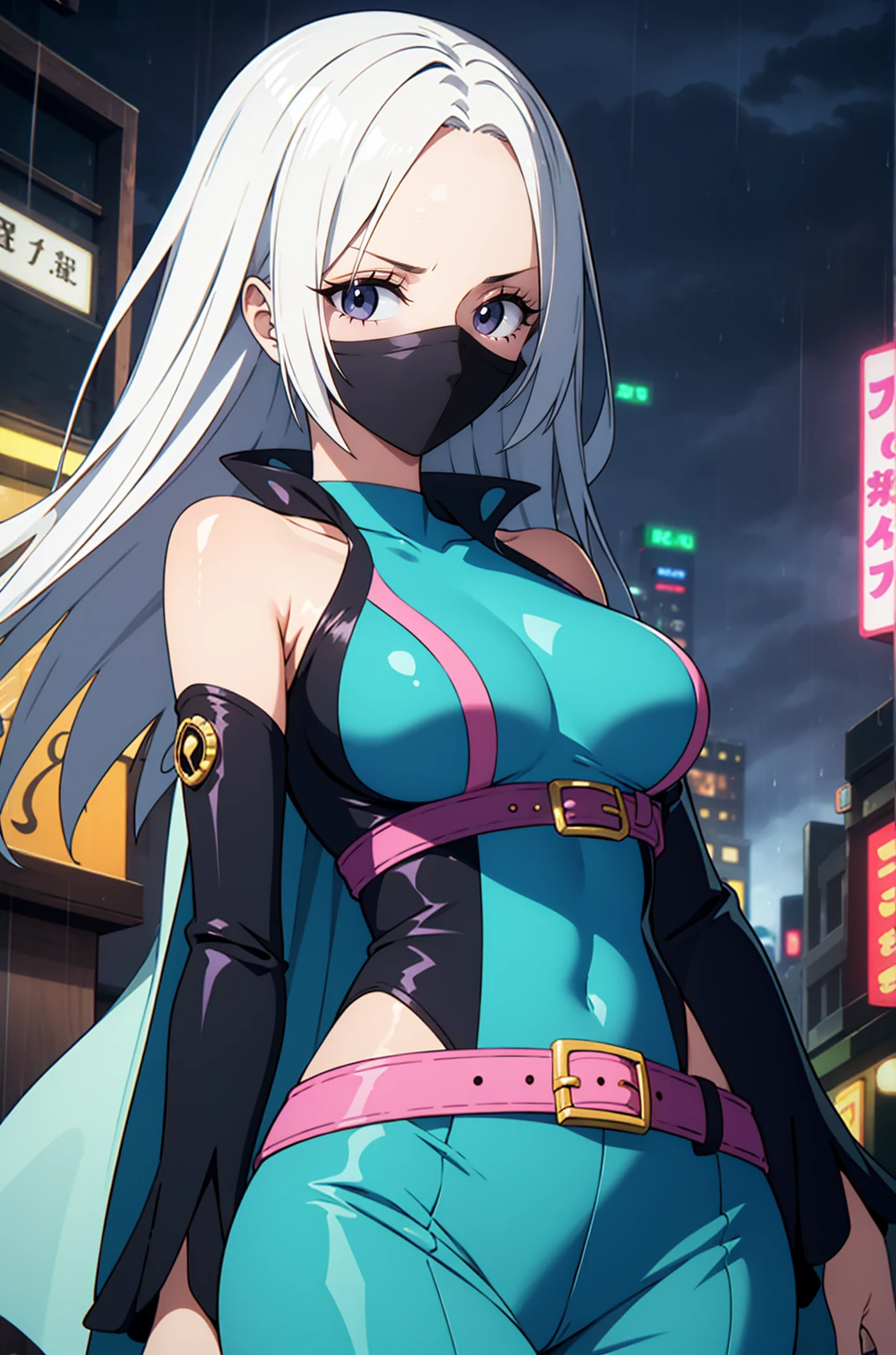 portrait, 1 girl, beautiful face, asymmetrical hair, multi-colored hair, belt, bodysuit, covered mouth, covered navel, detached sleeves, grey eyes, hip vent, open jacket, cute, look at viewer, night city, neon, rainy,