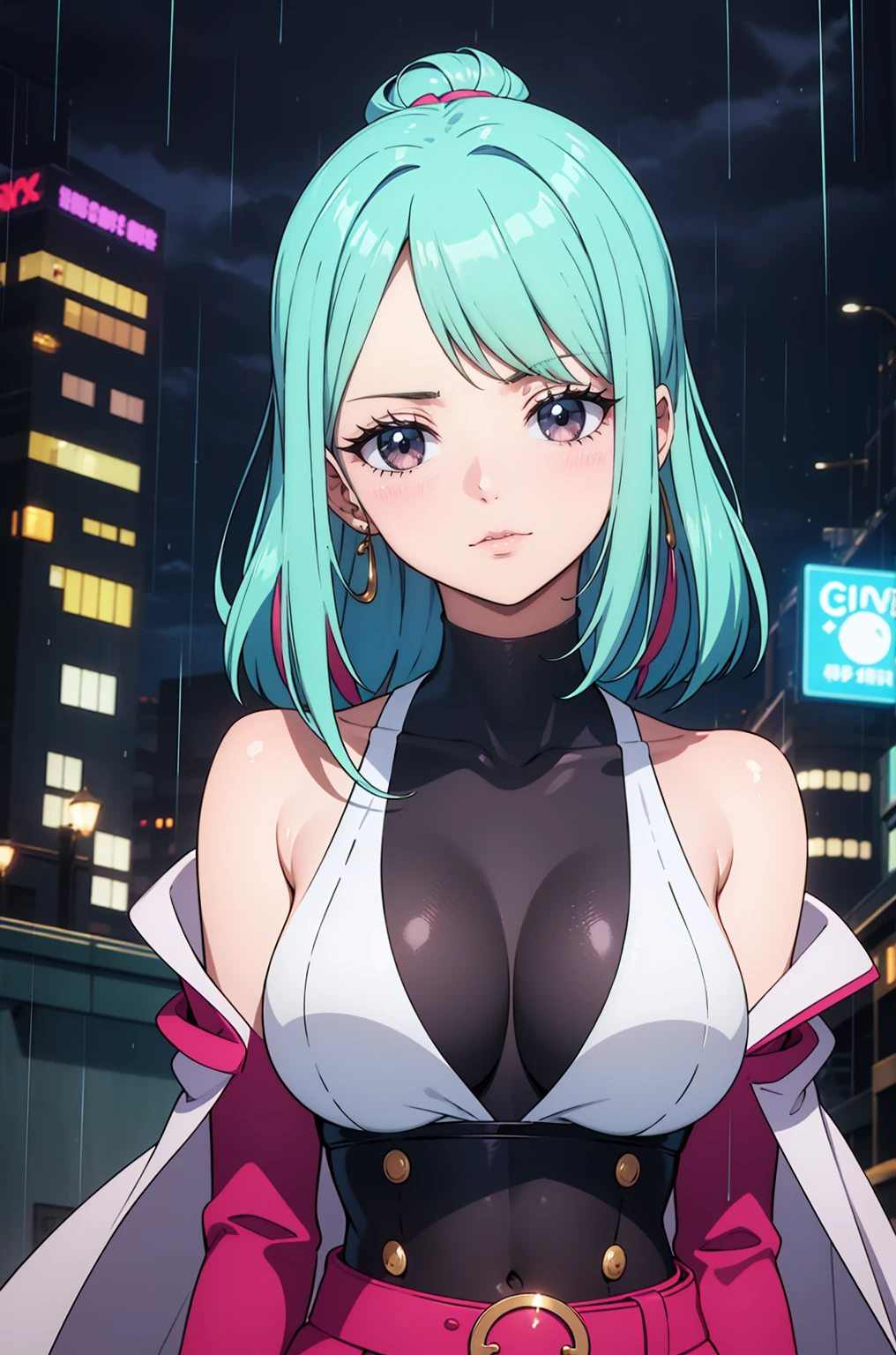 portrait, 1 girl, beautiful face, asymmetrical hair, multi-colored hair, belt, bodysuit, covered mouth, covered navel, detached sleeves, grey eyes, hip vent, open jacket, cute, look at viewer, night city, neon, rainy,