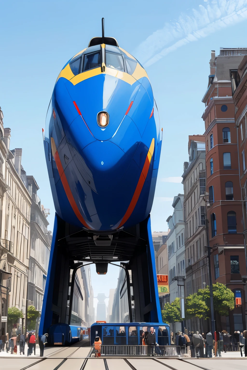 ((best quality)), ((masterpiece)), (detailed), a futuristic fast train(perfect shape aerodinamic) is moving fastly at the city, bright colors, many people standing and waiting.