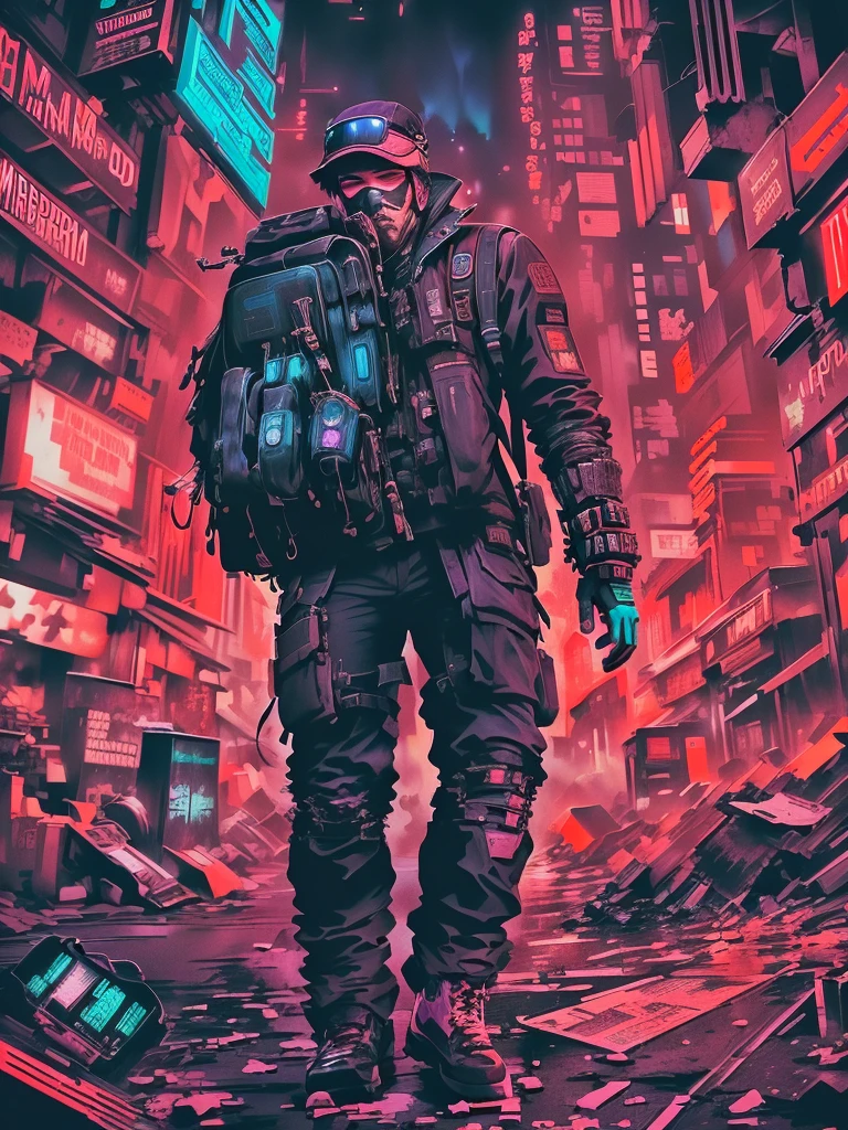 Close up of a person walking in the city with a backpack, Back to camera,Cyberpunk art style, inspired byLiam Wong, detailed Cyberpunk Illustration, byLiam Wong, ( ( ( ( ( and Mumford ) ) ) ) ), cyberpunk comic cover art, Cyberpunk Illustration, Cyberpunk style, and Mumford. 8 k octane render, in the style and Mumford artwork, Cyberpunk art style