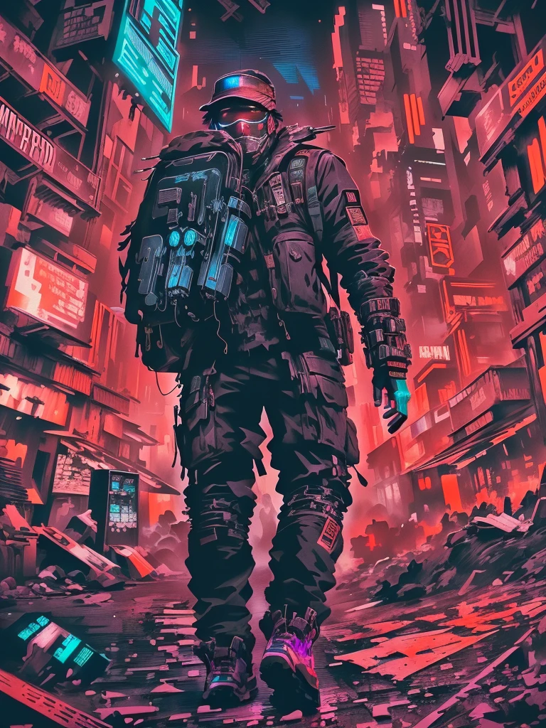 Close up of a person walking in the city with a backpack, Back to camera，Cyberpunk art style, inspired byLiam Wong, detailed Cyberpunk Illustration, byLiam Wong, ( ( ( ( ( and Mumford ) ) ) ) ), cyberpunk comic cover art, Cyberpunk Illustration, Cyberpunk style, and Mumford. 8 k octane render, in the style and Mumford artwork, Cyberpunk art style