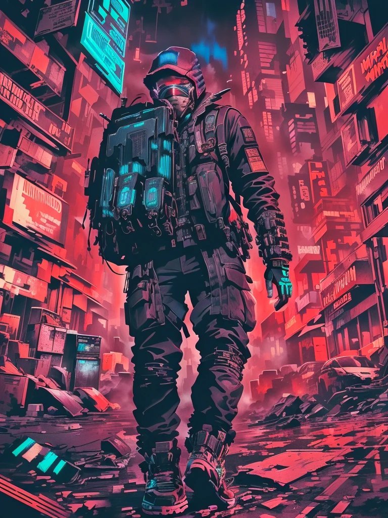 Close up of a person walking in the city with a backpack, Back to camera，Cyberpunk art style, inspired byLiam Wong, detailed Cyberpunk Illustration, byLiam Wong, ( ( ( ( ( and Mumford ) ) ) ) ), cyberpunk comic cover art, Cyberpunk Illustration, Cyberpunk style, and Mumford. 8 k octane render, in the style and Mumford artwork, Cyberpunk art style