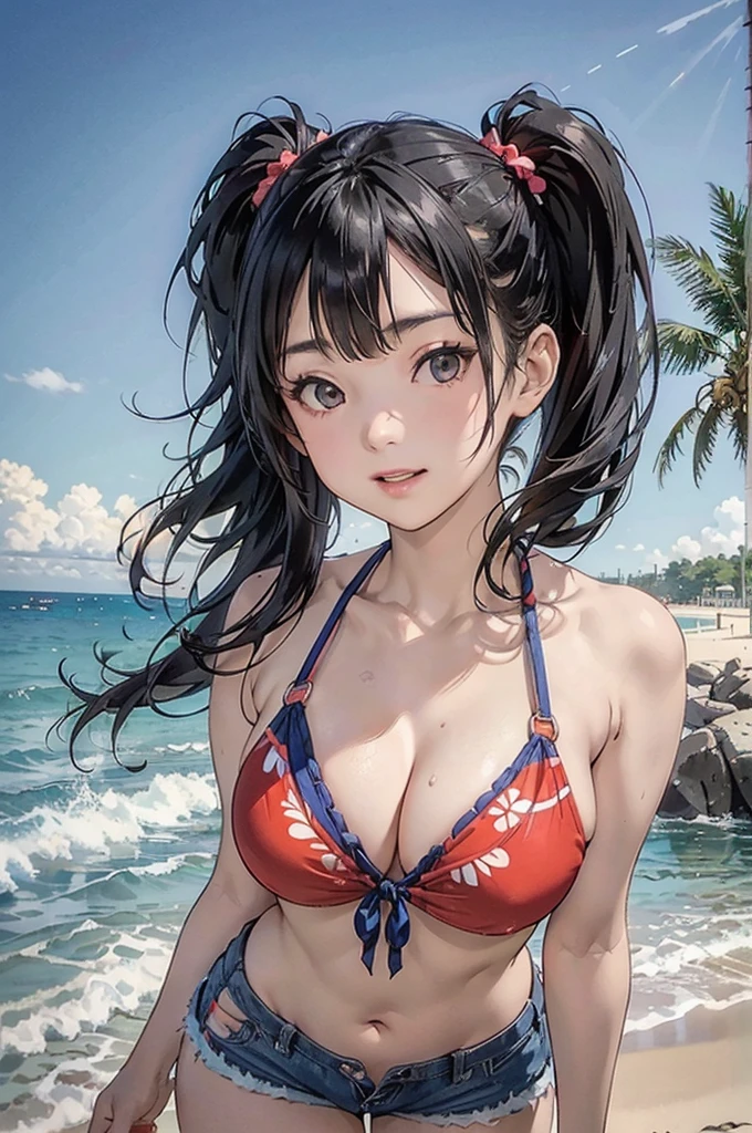 1 female、(Black Hair、Twin tails)、 Gravure idol filming at the beach、(Colorful Bikinis、Shorts)、Sensual look、Sexy pose、((At the beach、tropical))、Composition looking up from below、Dynamic Angle