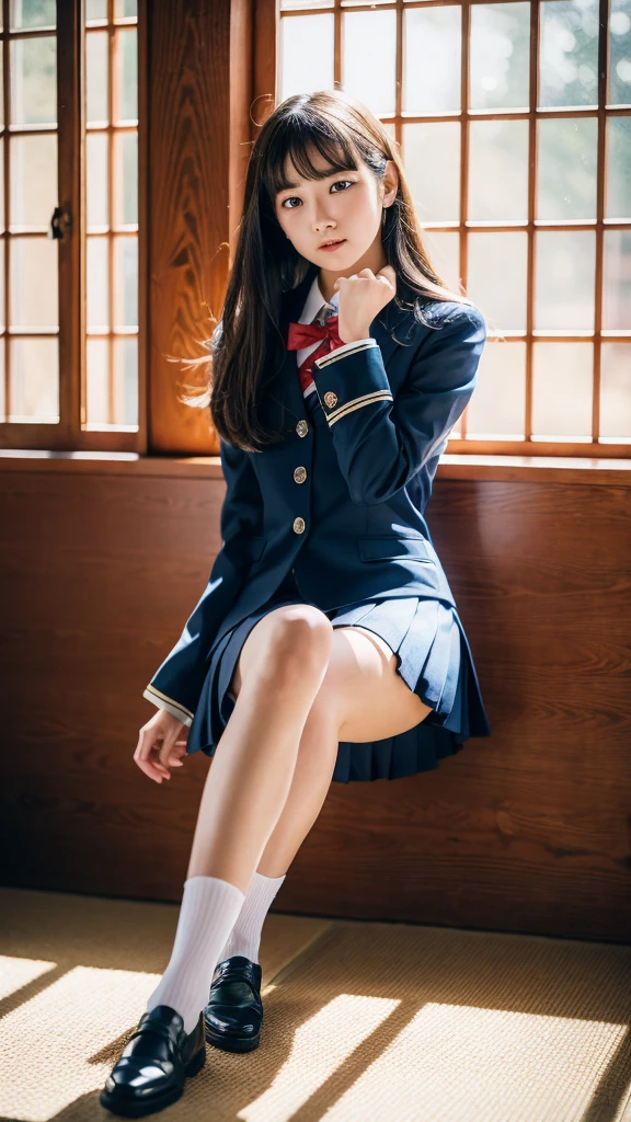 ulzzang-6500-v1.1, (Raw photo:1.2), (Photorealistic:1.4), Beautiful detailed girl, Very detailed eyes and face, Beautiful detailed eyes, Ridiculous, Incredibly ridiculous, Ultra detailed, High resolution, Very detailed, Best quality, Masterpiece, ((Japan girls' high school uniform)), In the classroom, by the window and outside the blue sky, unified, 8k wallpaper, fantastic, fine detail, masterpiece, top quality, highly detailed cg uniform 8k wallpaper,movie lighting, 16 year old girl, (dynamic pose))), (camel toe), (knee bending leg sitting))