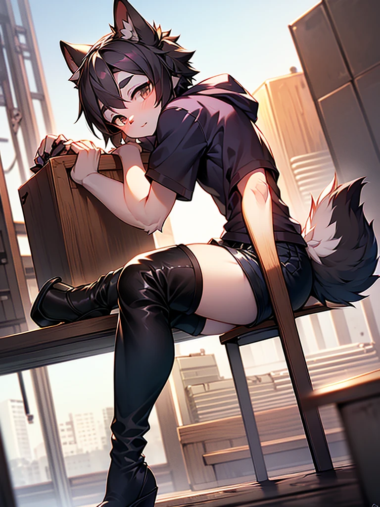 perspective:Close range from the side,alone, 1 person, sitting,Thighs,Black Hair,Shorts,the tail is fluffy, Short sleeve hoodie，Shota, Black knee-high boots,Stiletto heels,