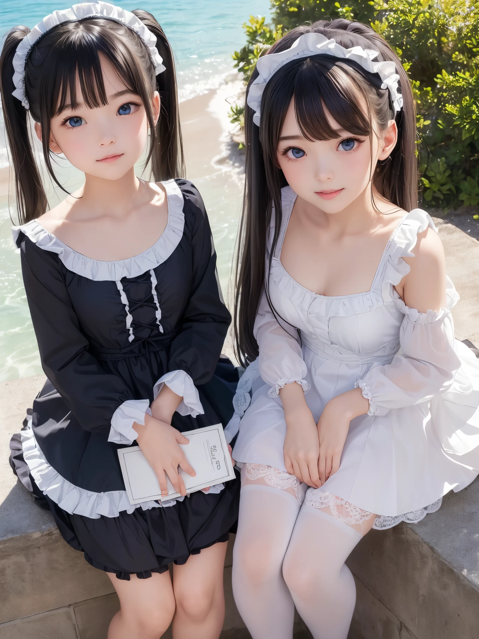 ((masterpiece)), ((highest quality、Ultra high definition)), (Very detailed),8K、Photo quality、((Amazingly cute girl)),)), Two people, , (Beautiful emerald blue eyes), ((smile)),In the open-air bath overlooking the sea, Beautifully arranged black hair in twin tails、スリムボディー、((Cute lolita maid stylimsuit))、Professional Lighting、(White lace knee-highore detailed and beautiful)、(More details and cutenesore realistic)、((Just wear light clothing))、プールではしゃぐ、