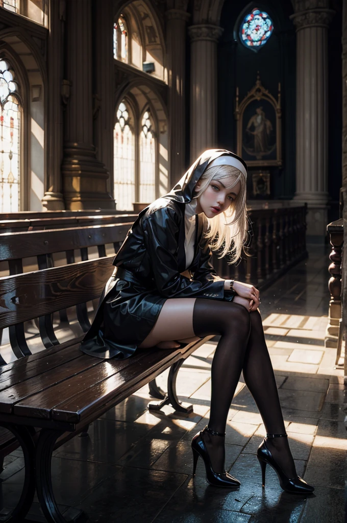 (a close-up of a), A tall nun sits on a bench in the church, A well thought-out model, ((with white hair)), with green eyes, Subtle Subtle Body, slender legs, Camera under your feet, bottom shot, Upskirt (robes), ((Schwarze Soutane:1,5)), ((black legwear)), (looking at the camera), artwork in the style of guweiz, nun outfit, photorealistic, gloomy concept art, alena aenami and artgerm, nun, The best of ArtStation, Deviantart ArtStation CGSCOSIETY, Guweiz, ((Gloomy coloring:1,5)). (NSFW))wide-legged, No panty,very wide-open clothing, Crisp breast,tight ass,various erotic positions, cleavage, thigh